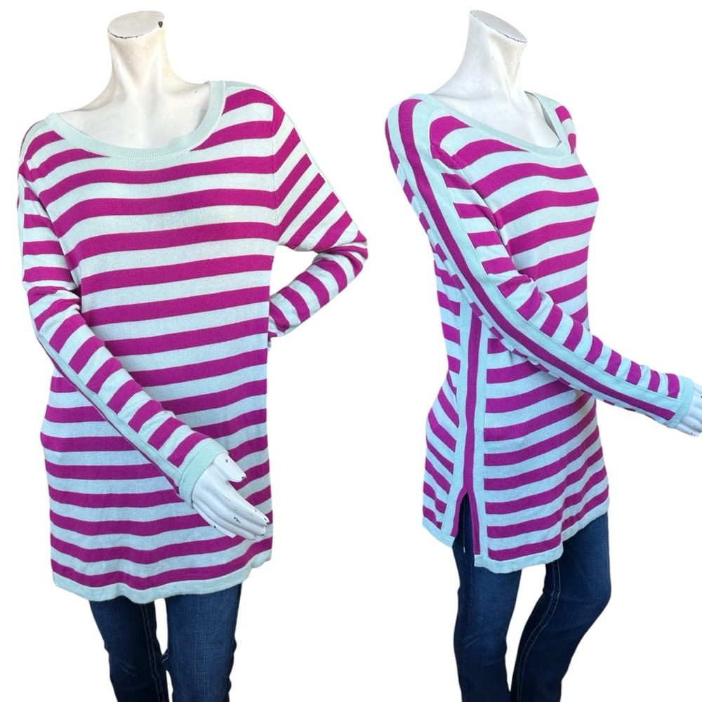 Soft Surroundings Mint & Pink Striped Long Sleeve Cashmere Blend Sweater Medium